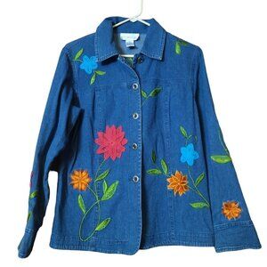 Susan Graver Style Size XS Floral Embroidered Jean Shirt Blouse Denim Feminine